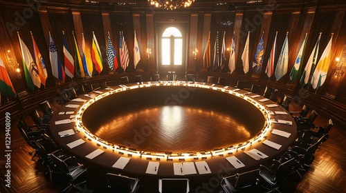 International Diplomacy:  Circular Conference Table with Flags