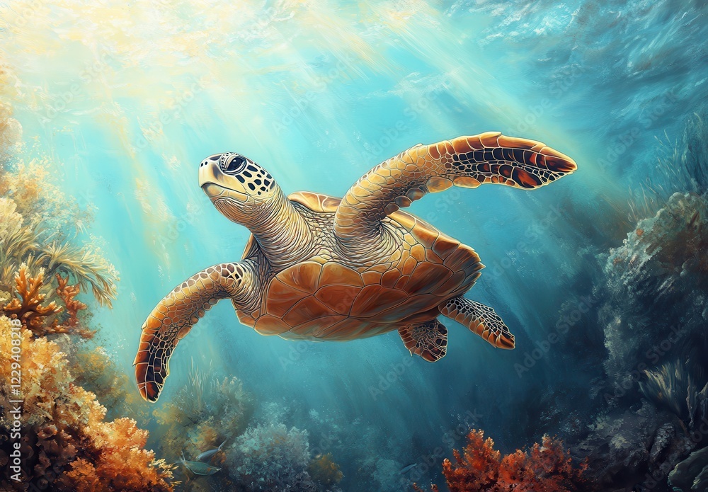 Fototapeta premium Majestic Sea Turtle Swimming Gracefully Through Vibrant Coral Reef Underneath Clear Blue Ocean Waters with Sunlight Streaming Down