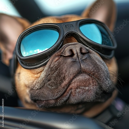 A stylish dog wearing sunglasses, showcasing a fun and adventurous personality. photo