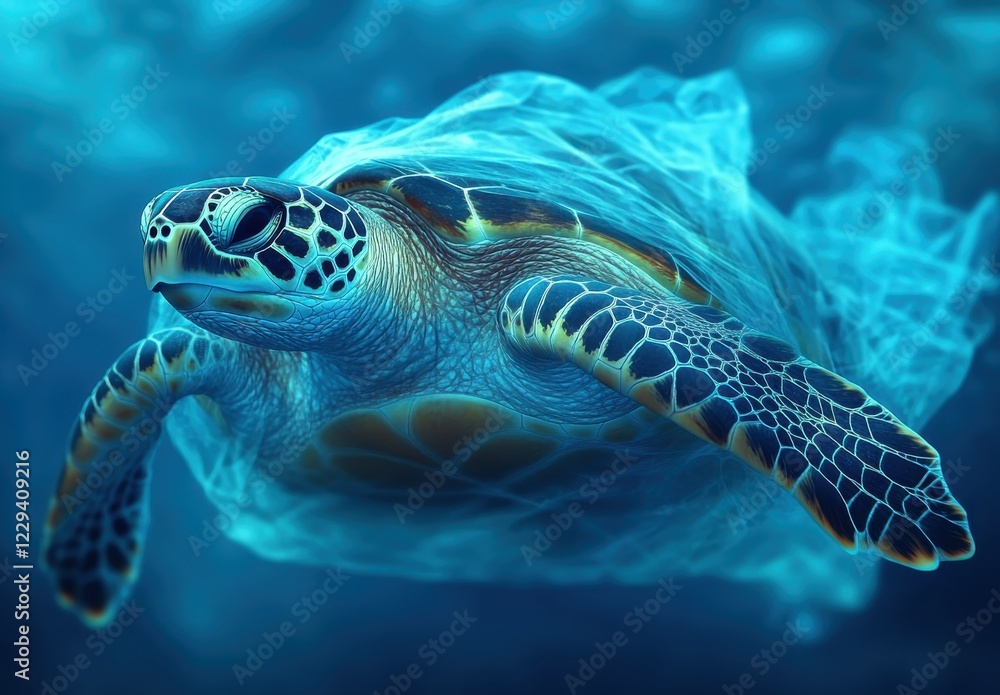 Fototapeta premium Majestic Sea Turtle Swimming Gracefully Through Vibrant Underwater Environment Surrounded by Soft Blue Hues and Gentle Ocean Currents