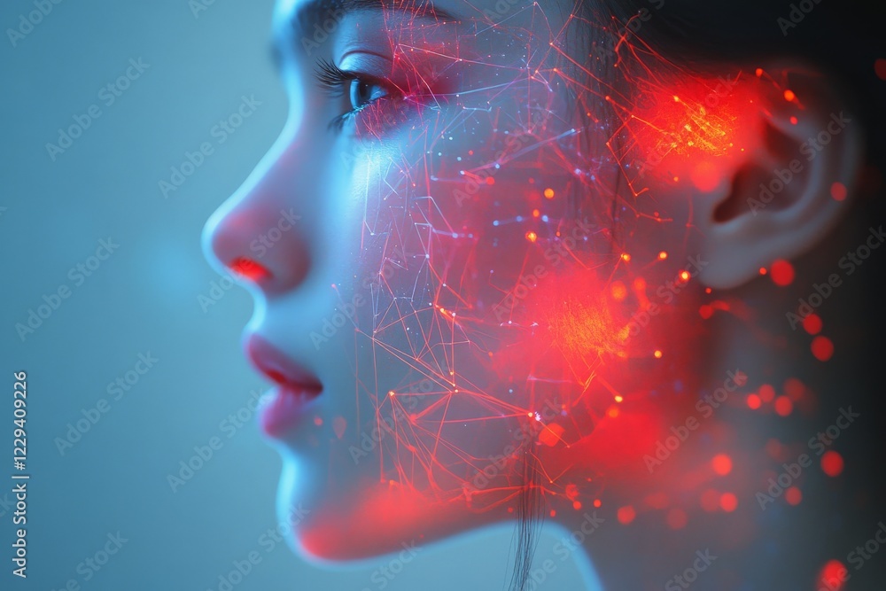 Young woman with glowing digital patterns on face in futuristic setting at night Young woman with glowing digital patterns on face in futuristic setting at night