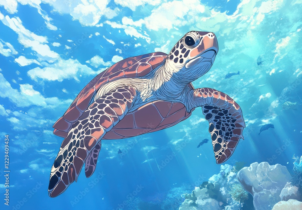 Fototapeta premium Majestic Sea Turtle Swimming Gracefully Through Vibrant Underwater Scene Captured in Stunning Detail and Brilliant Colors