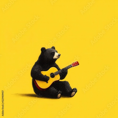 A whimsical bear playing a guitar against a bright yellow background. photo