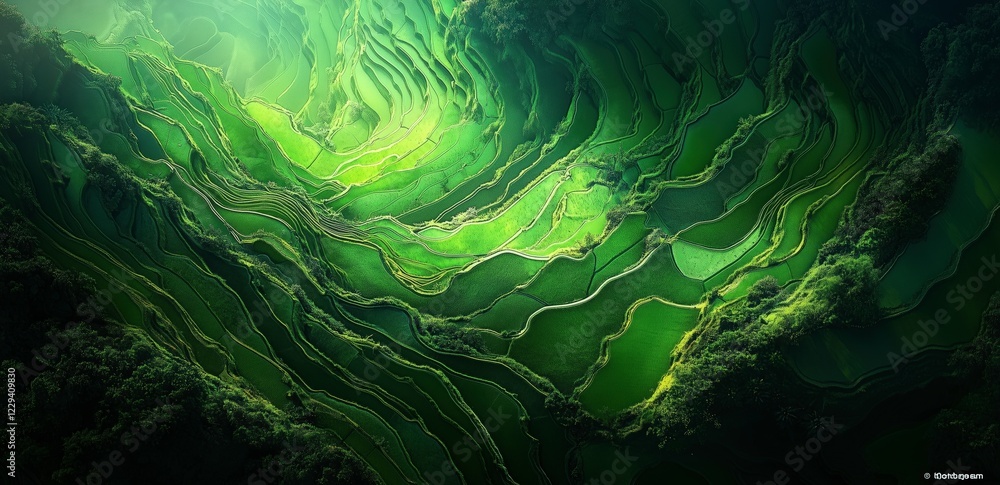 Obraz premium Emerald Abyss: An aerial view of vibrant green terraced rice paddies creating a mesmerizing swirling pattern, resembling an abstract emerald abyss.