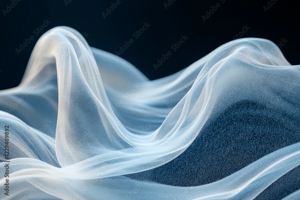 Soft translucent fabric gracefully draping in gentle waves against a dark backdrop Soft translucent fabric gracefully draping in gentle waves against a dark backdrop
