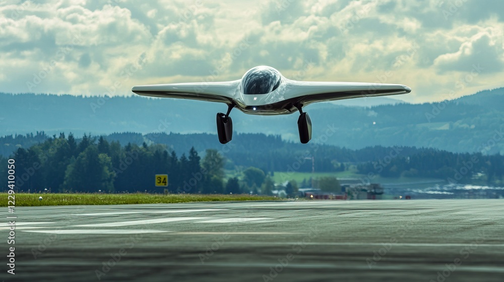 Obraz premium An electric airplane prototype taking off from a runway, showcasing the potential for a zero-emission future in air travel.