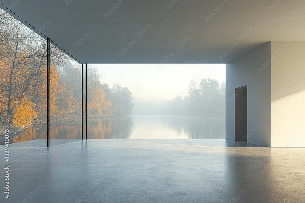 Fototapeta premium Modern interior with large windows overlooking a misty lake and autumn trees during early morning light