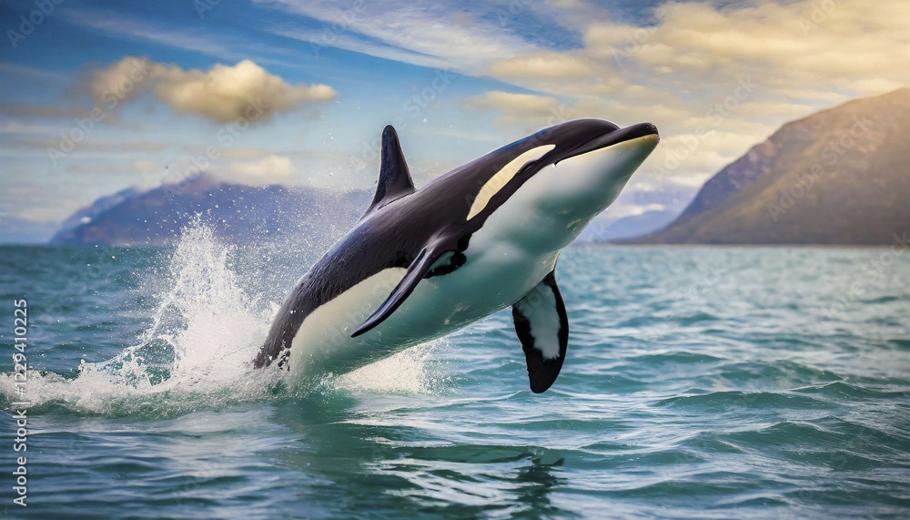 Naklejka premium AI generated, animal, animals, mammal, mammals, biotope, habitat, one, individual animal, foraging, orca, orcas, killer whale, killer whales, live in all oceans, tropics, Antarctica, whale, killer whale, killer whale, killer whale, killer whale family, (Delphinidae), killer whale (Orcinus orca), Antarctica