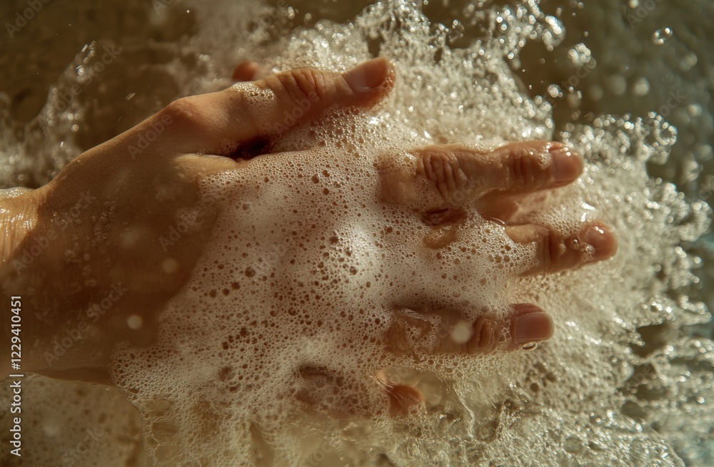 Fototapeta premium A person is thoroughly washing their hands with soap at a sink