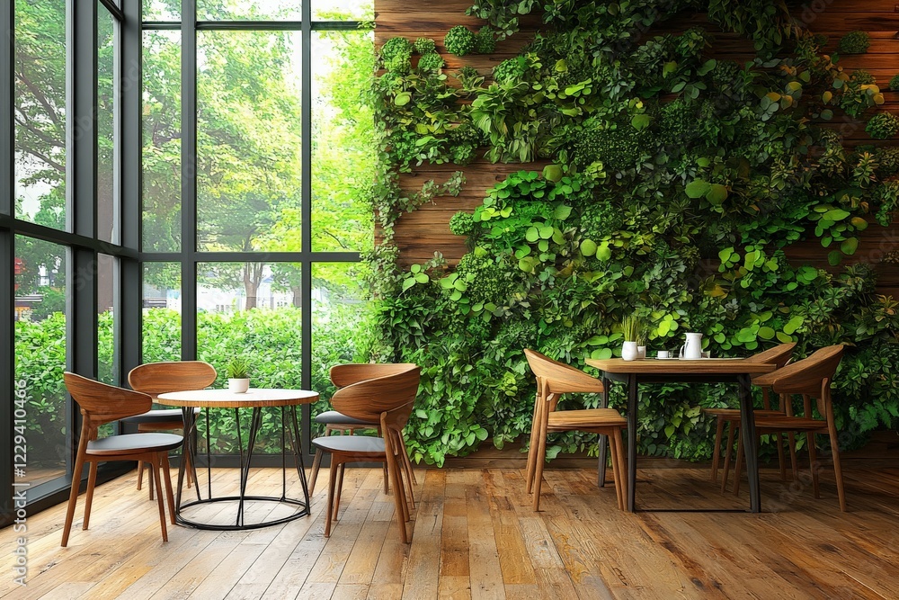 Obraz premium Indoor seating area with plants in a modern cafe featuring natural light and wooden decor