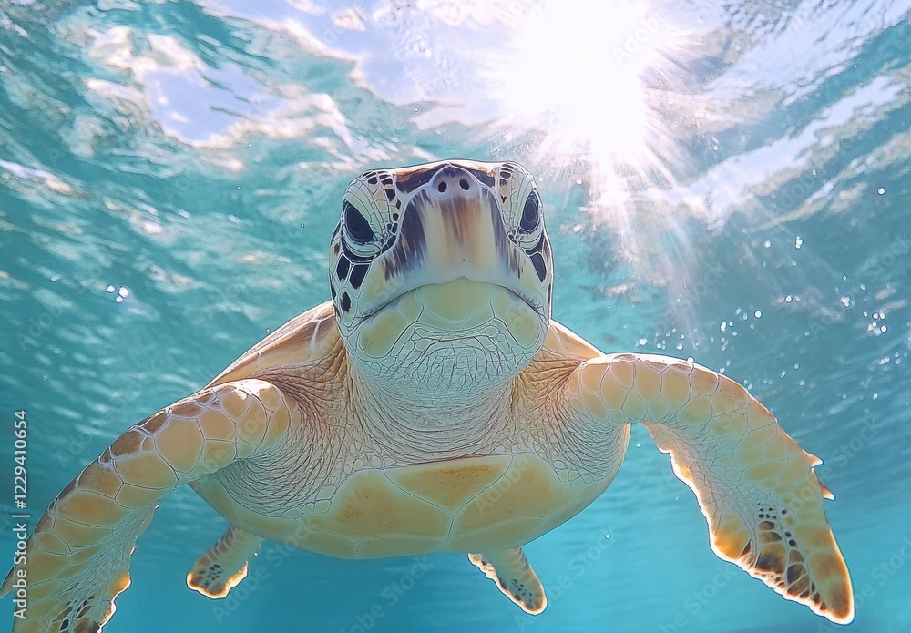 Obraz premium Majestic Sea Turtle Swimming Gracefully Underwater with Sunlight Filtering Through the Surface in Clear Blue Ocean Waters