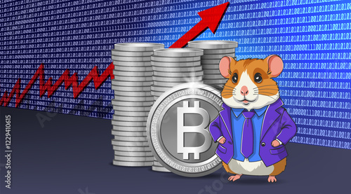 Vector cute cartoon funny business rich important hamster in purple jacket with tie and blue shirt. 3d stacks of silver coins with bitcoin symbol. Graph, growth of cryptocurrency and digital finance