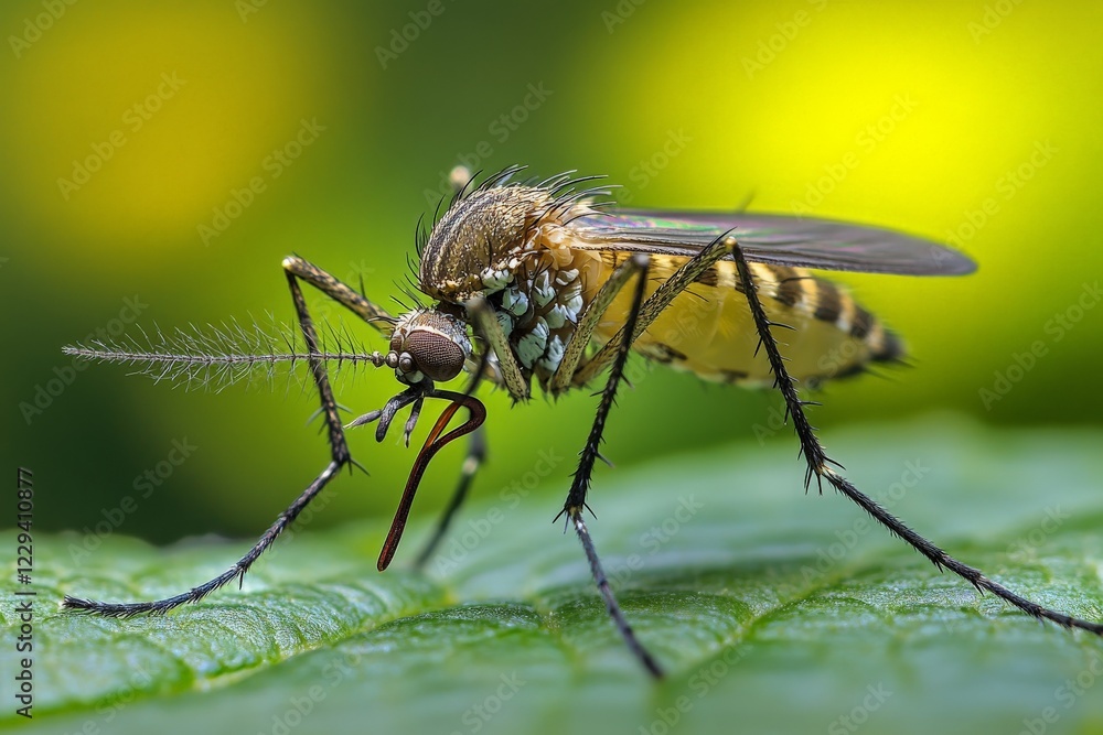 Close-up view of a mosquito resting on a green leaf in a vibrant natural setting during daylight hours Close-up view of a mosquito resting on a green leaf in a vibrant natural setting during daylight hours
