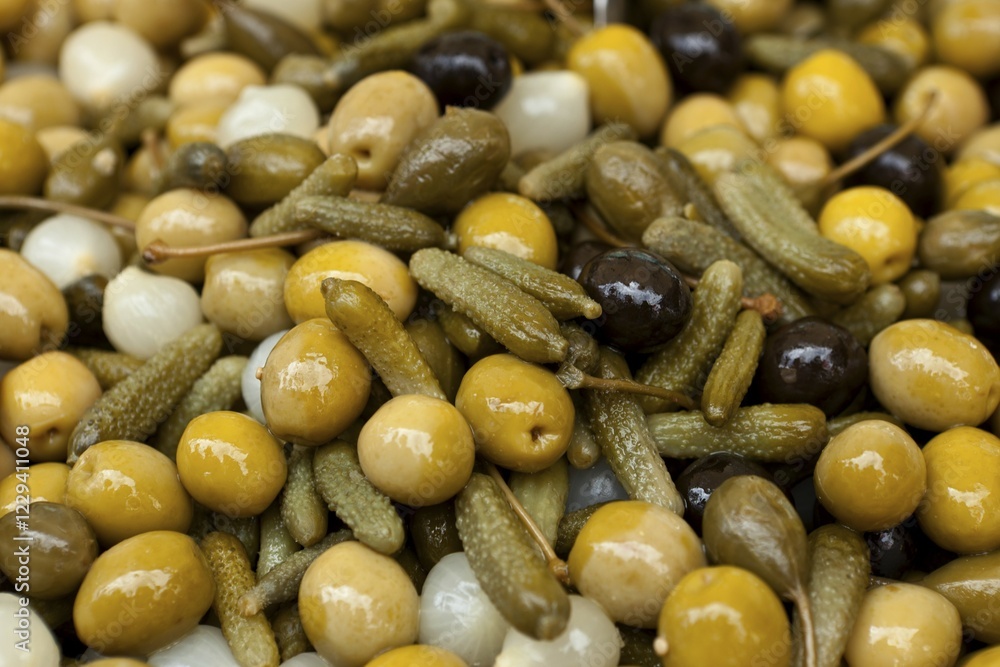 Green and black olives, pickles, onions, weekly market, Majorca, Spain, Europe Green and black olives, pickles, onions, weekly market, Majorca, Spain, Europe