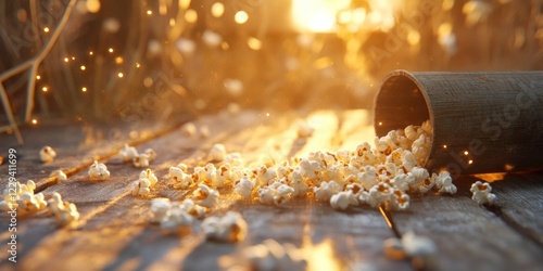 Golden hour popcorn spill on rustic wooden table for cozy autumn themes photo