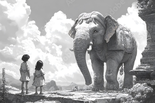Manga illustration, the kids and the baby elephant in awe of the ancient wonders they have discovered 