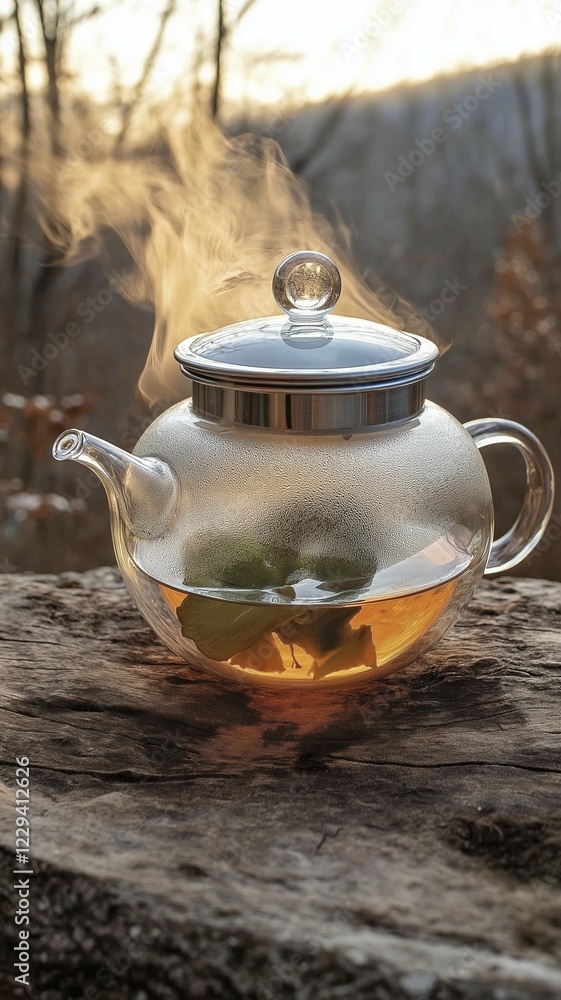 A steaming glass teapot with a serene outdoor natural setting and morning light, AI generated A steaming glass teapot with a serene outdoor natural setting and morning light, AI generated