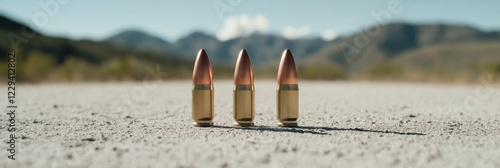 Three bullets are on the ground in a desert. The bullets are gold and silver. The scene is peaceful and quiet photo