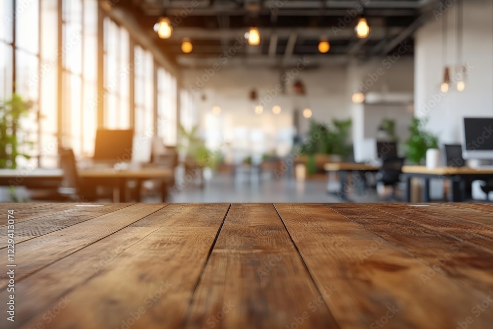 Bright and modern workspace with wooden table and large windows showcasing natural light during the day Bright and modern workspace with wooden table and large windows showcasing natural light during the day