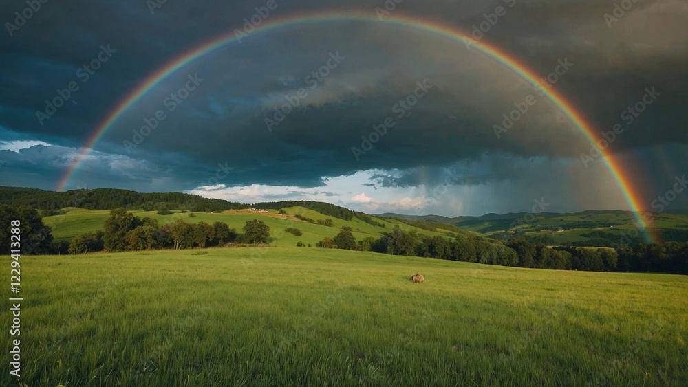 Rainbow Over Green Meadow with Hills Rainbow Over Green Meadow with Hills