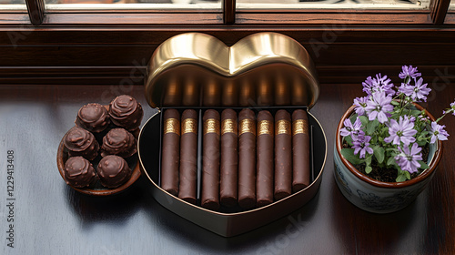 Chocolate cigars and truffles near window
