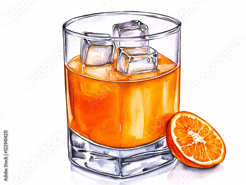 A refreshing glass of orange beverage with ice cubes and a slice of orange on the side photo