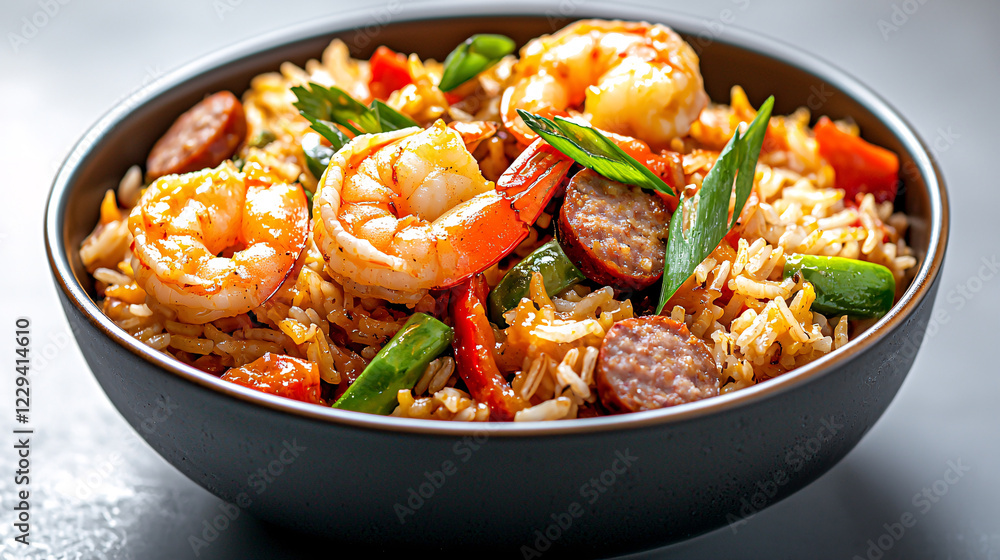 A vibrant bowl of shrimp fried rice with colorful vegetables and sausage, set against a neutral background A vibrant bowl of shrimp fried rice with colorful vegetables and sausage, set against a neutral background