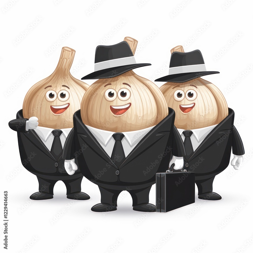Three anthropomorphic garlic bulbs dressed in black suits and fedora hats. They appear to be businessmen, possibly a team, a group, or an organization. They have a briefcase. Three anthropomorphic garlic bulbs dressed in black suits and fedora hats. They appear to be businessmen, possibly a team, a group, or an organization. They have a briefcase.