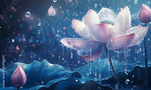 Rain-soaked lotus blossoms, pond, night, fantasy, art, background, serenity, wallpaper