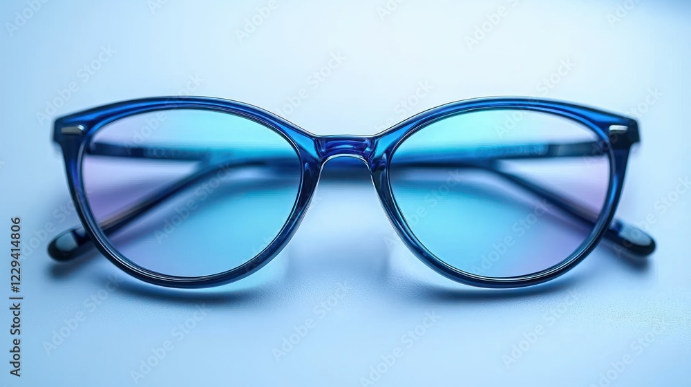 Blue eyeglasses on white surface with light blue backdrop Blue eyeglasses on white surface with light blue backdrop