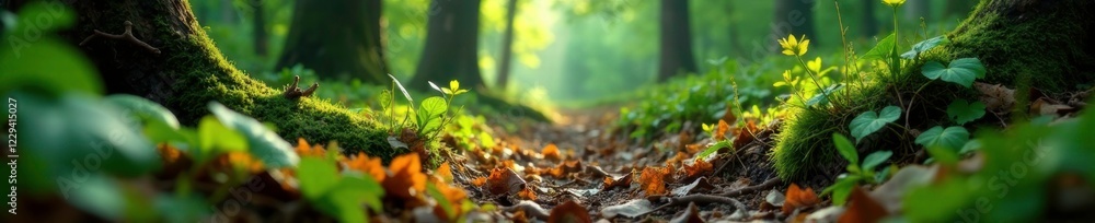 The forest floor is carpeted with leaves and twigs, undergrowth and wildflowers, twigs, plant life, Abkhazia The forest floor is carpeted with leaves and twigs, undergrowth and wildflowers, twigs, plant life, Abkhazia