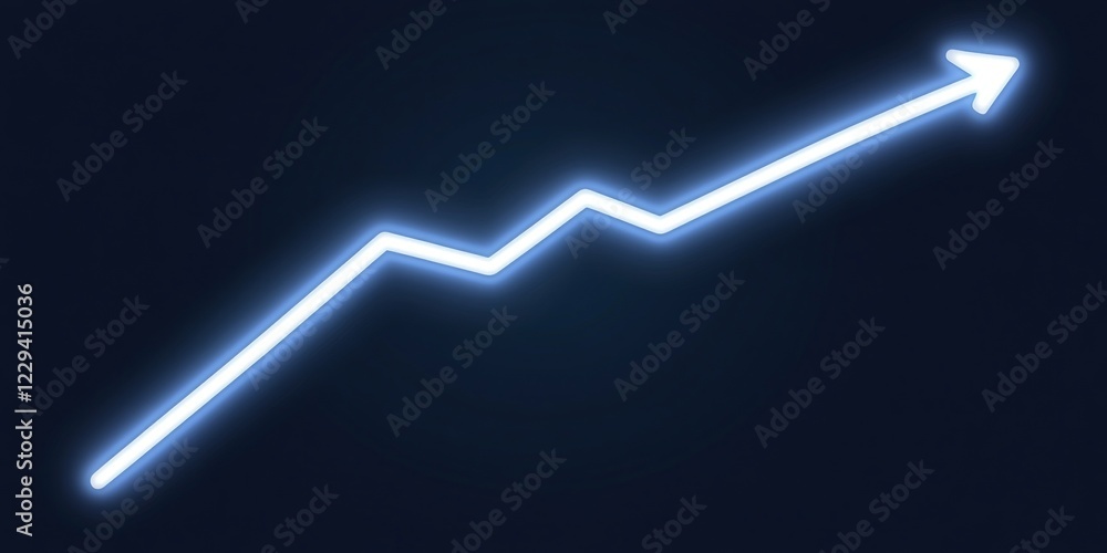 Glowing Neon Blue Ascending Business Success Graph Line Arrow on Dark Blue Gradient Background Glowing Neon Blue Ascending Business Success Graph Line Arrow on Dark Blue Gradient Background