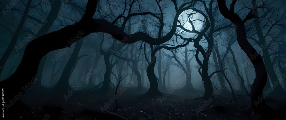 Naklejka premium A spooky forest scene where twisted branches twist into the shape of lurking shadows under the moonlight