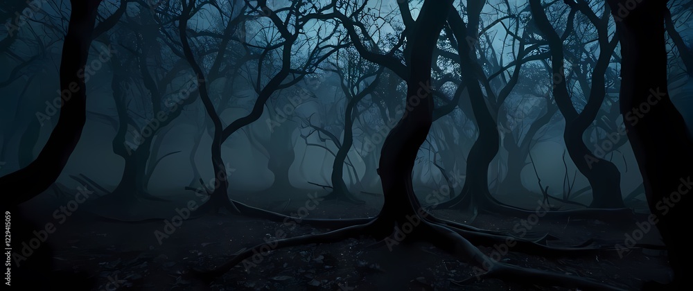 Naklejka premium A spooky forest scene where twisted branches twist into the shape of lurking shadows under the moonlight