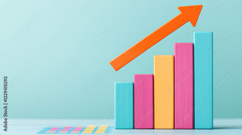 Colorful bar graph representing growth on a light background with upward arrow symbolizing success Colorful bar graph representing growth on a light background with upward arrow symbolizing success