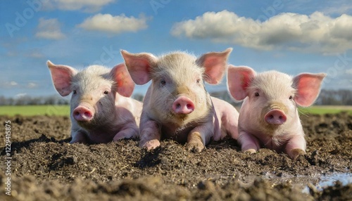 AI generated, Three piglets wallowing in the mud, Pig, Pigs, (Sus scrofa domesticus), Domestic pigs photo