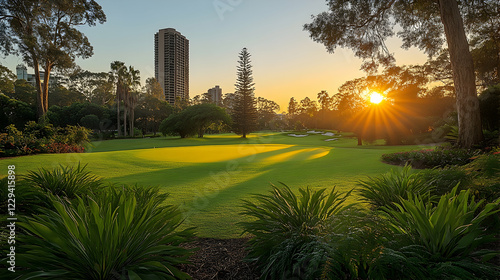 City skyline sunset over lush golf course.  Perfect for travel brochures