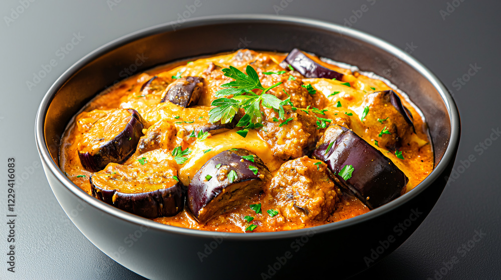 Delicious eggplant and meatball dish served in a black bowl with herbs, showcasing vibrant colors Delicious eggplant and meatball dish served in a black bowl with herbs, showcasing vibrant colors