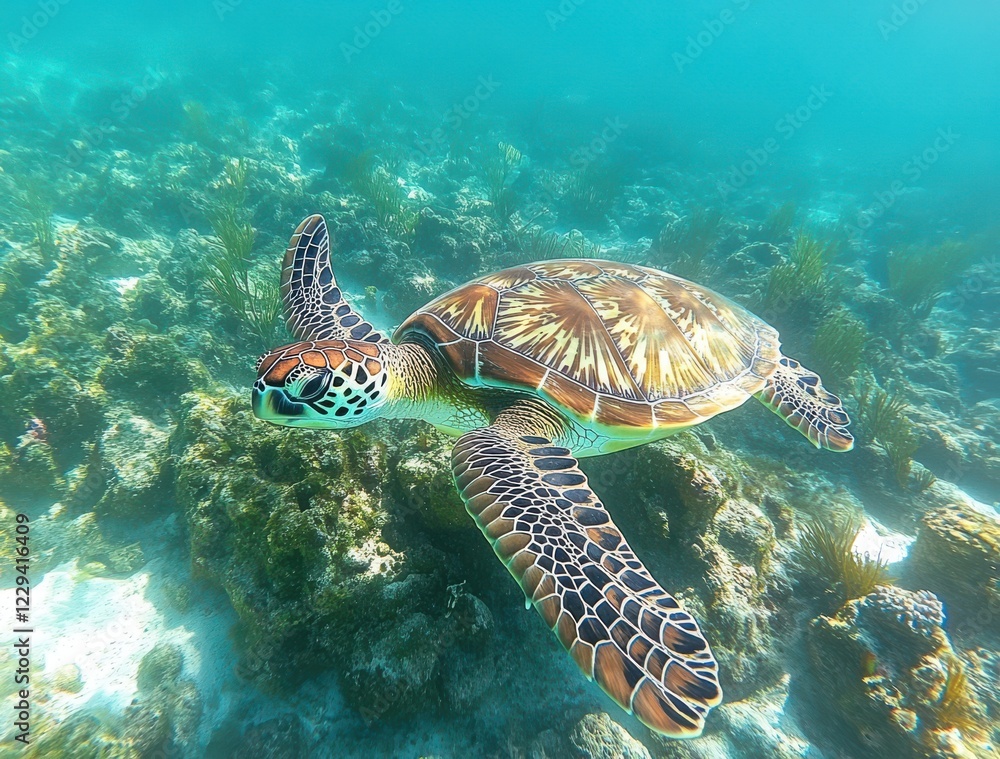 Majestic turtle gracefully swimming through vibrant coral reef in clear blue ocean waters, showcasing nature's beauty and marine diversity. Majestic turtle gracefully swimming through vibrant coral reef in clear blue ocean waters, showcasing nature's beauty and marine diversity.