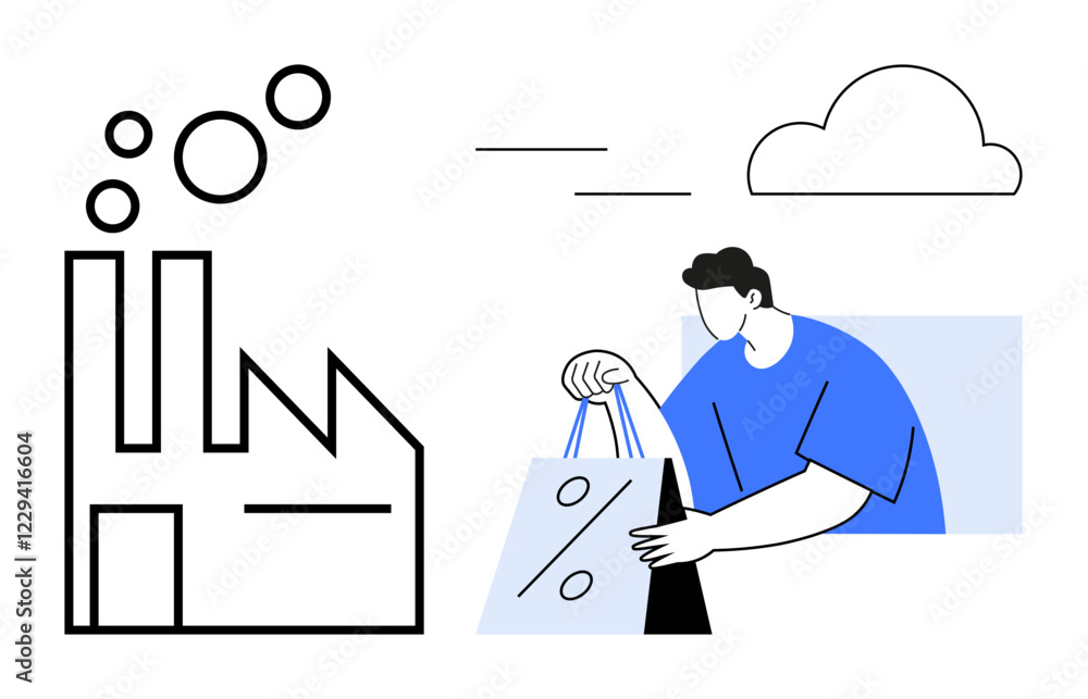 Geometric factory emitting circles, person holding bag with percentage sign, blue accents, cloud. Ideal for industry, sales, business, economics trade consumer behavior retail. Line metaphor Geometric factory emitting circles, person holding bag with percentage sign, blue accents, cloud. Ideal for industry, sales, business, economics trade consumer behavior retail. Line metaphor