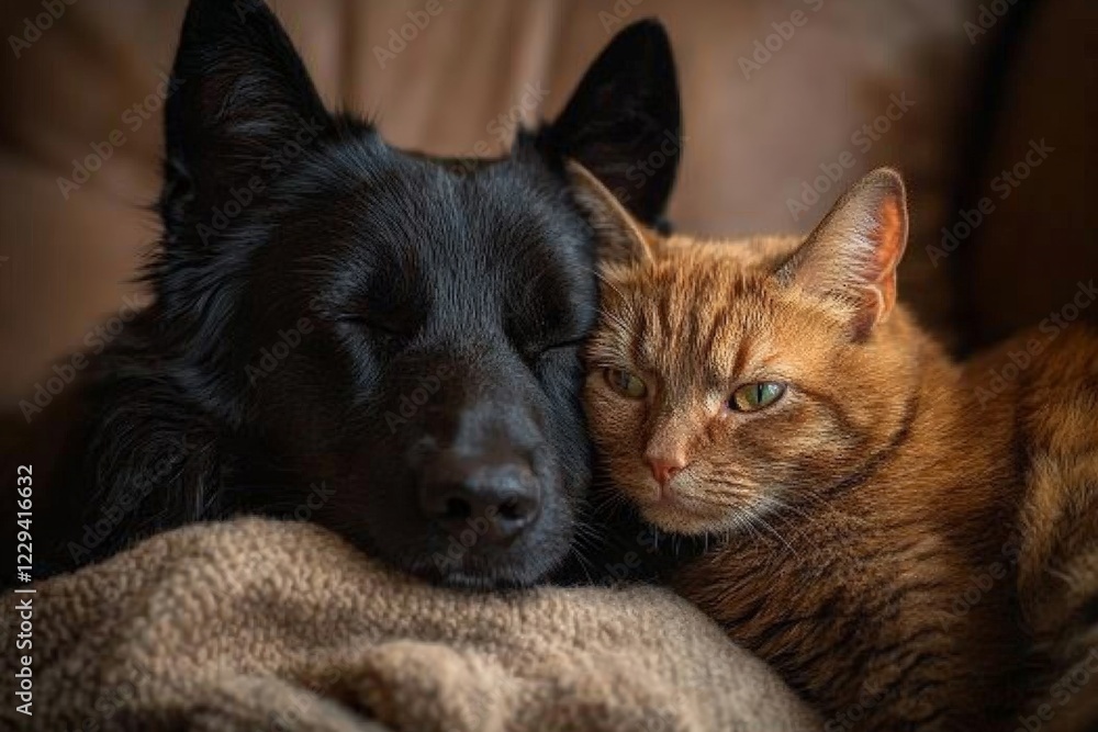 Cat and dog sleeping together on a cozy blanket in a warm living room