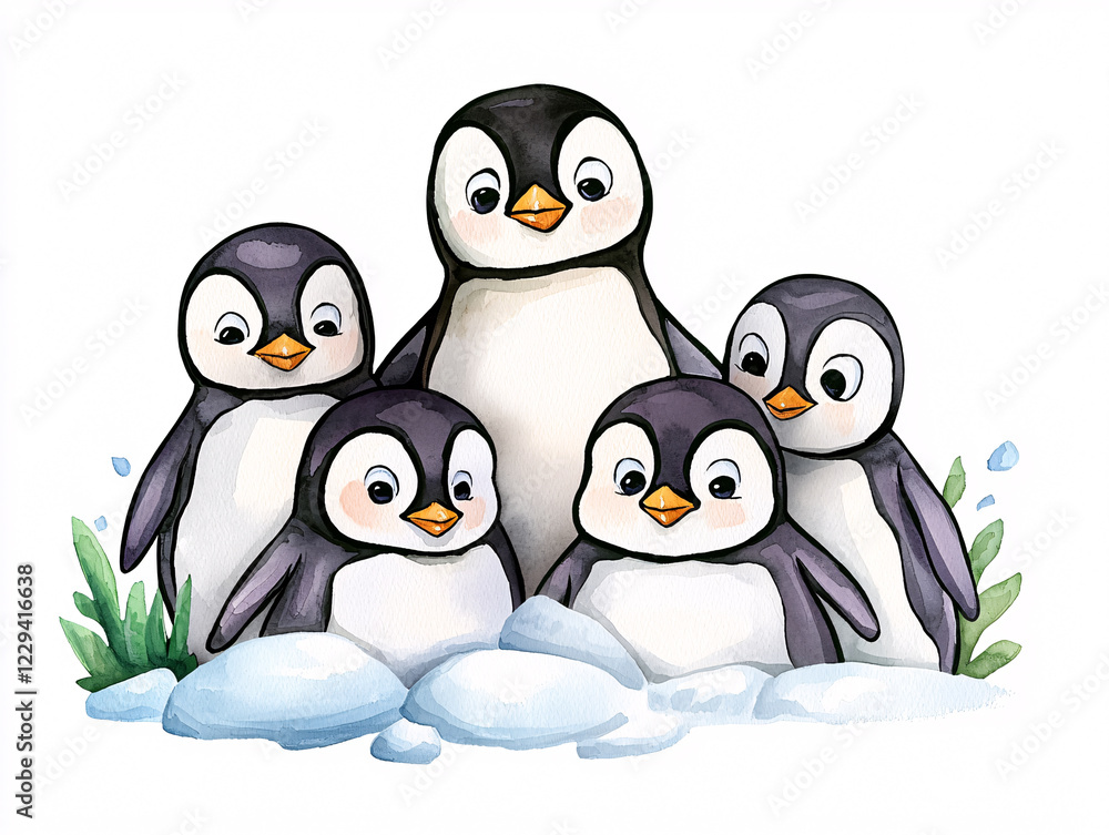 Fototapeta premium Group of playful penguins gathered on a snowy landscape, surrounded by soft snow and green plants