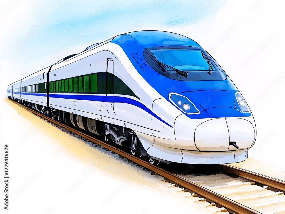 Fototapeta premium High-speed train traveling on tracks through a scenic landscape with clear skies
