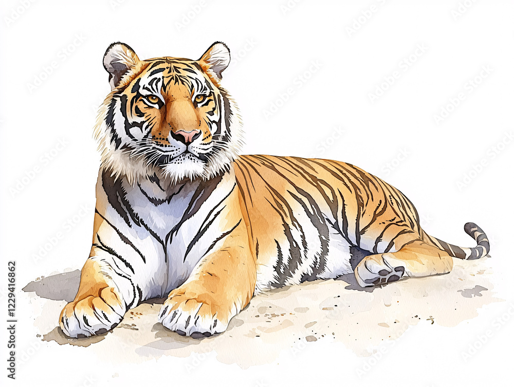 Obraz premium Majestic tiger lounging on sandy ground with a serene white background, showcasing its beauty