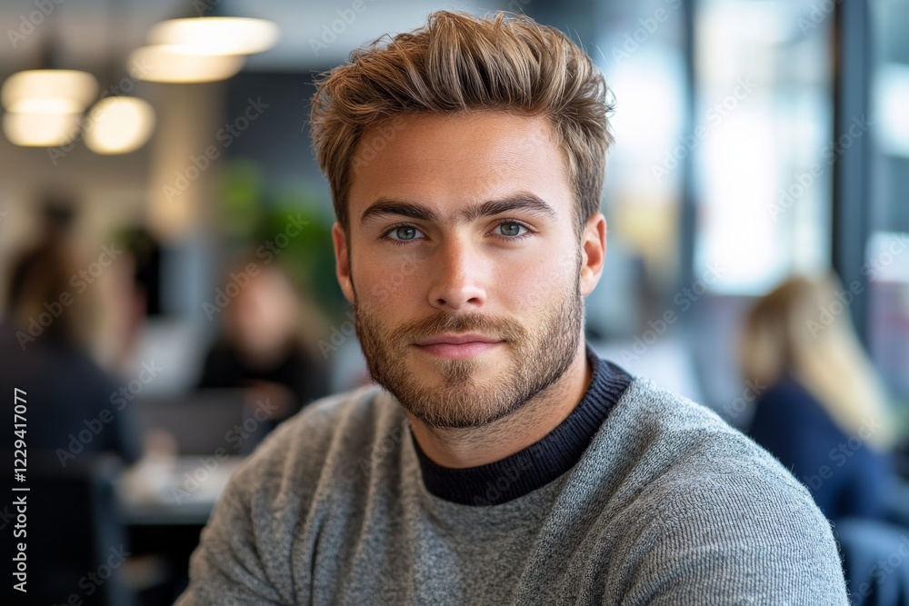 Young man with stylish haircut and beard sits comfortably at a modern cafe during daytime Young man with stylish haircut and beard sits comfortably at a modern cafe during daytime