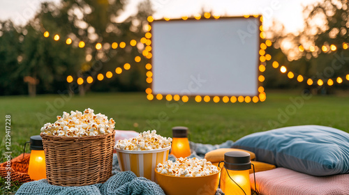 Fototapeta Naklejka Na Ścianę i Meble -  Outdoor movie night setup with popcorn, cozy blankets, and illuminated screen in park