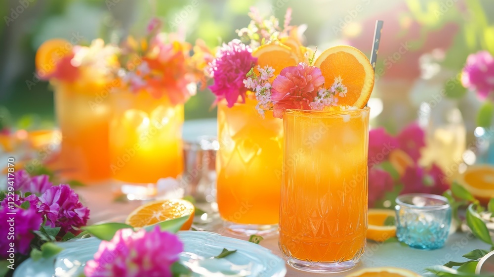 A collection of orange drinks with floral garnishes, bold colors, and a fresh summer vibe for gatherings. A collection of orange drinks with floral garnishes, bold colors, and a fresh summer vibe for gatherings.
