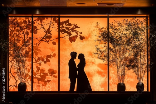 Couple embracing in silhouette against a vibrant orange backdrop with foliage and bamboo photo