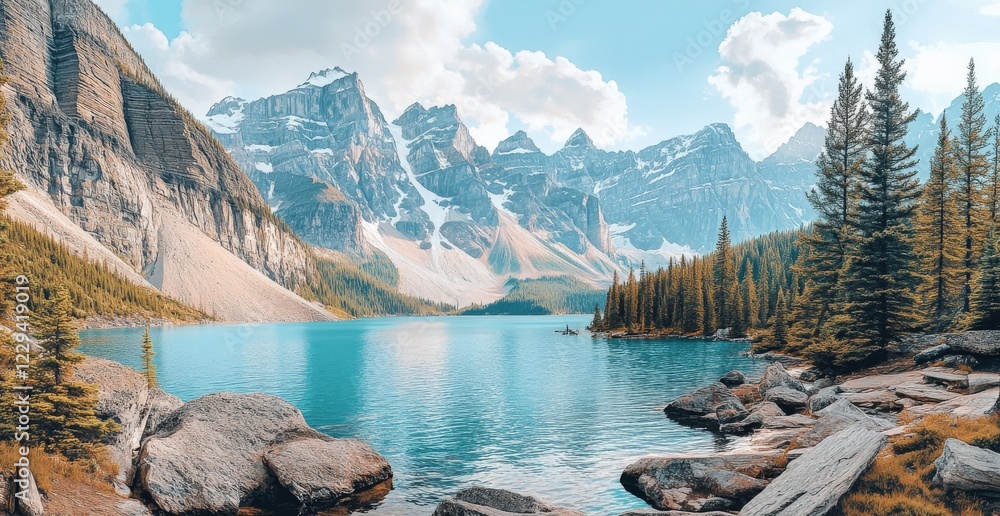 Fototapeta premium A lake with mountains and trees reflected in the water