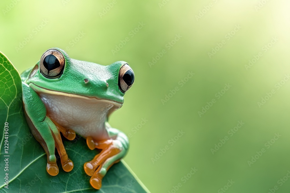 Obraz premium A vibrant green frog is perched upon a lush green leaf quietly